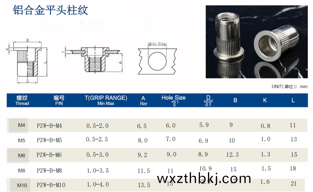 平頭柱紋通(tong)孔鉚螺母