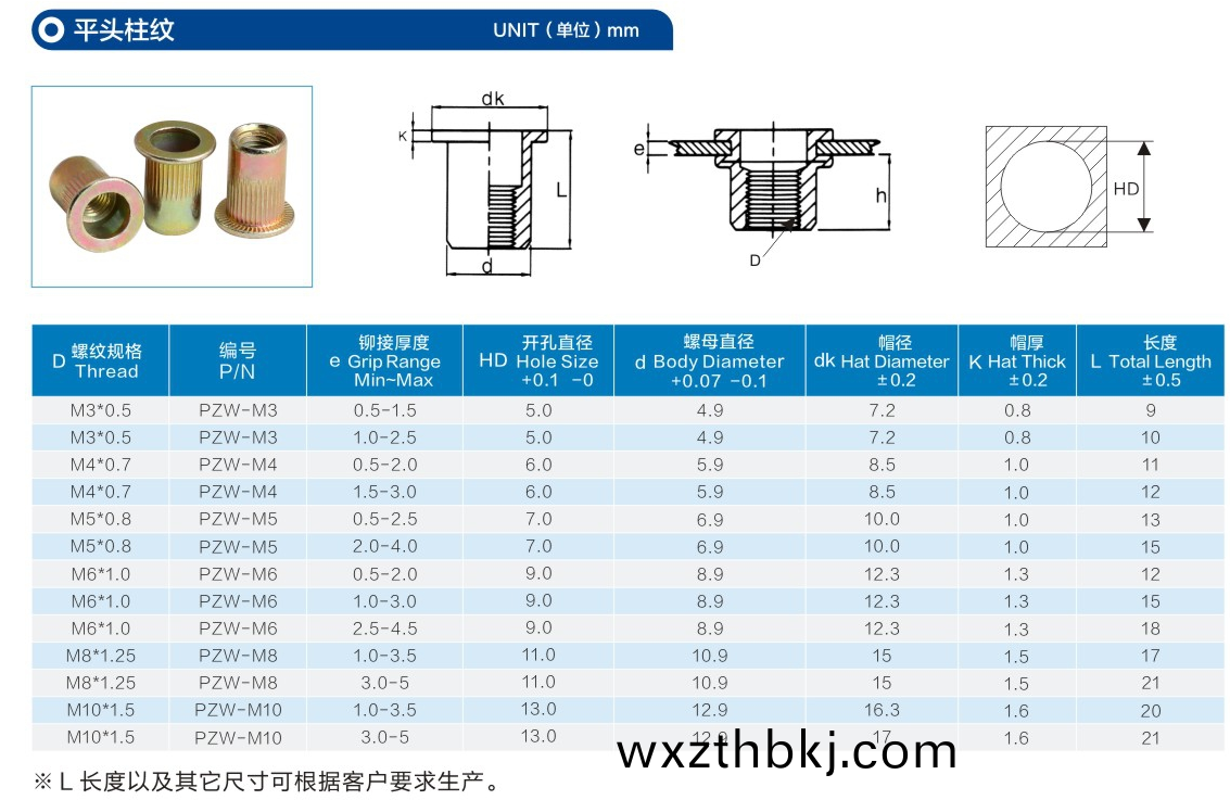 平(ping)頭柱(zhu)紋通孔拉(la)鉚螺母