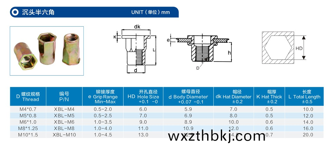 沉頭內外六角(jiao)通(tong)孔鉚(liu)螺母