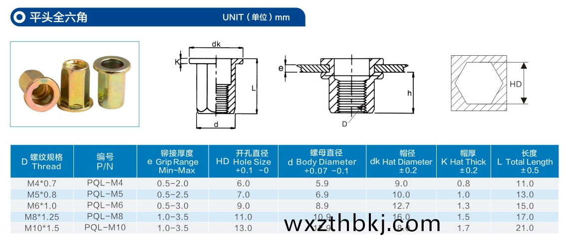平(ping)頭全六角通(tong)孔(kong)鉚(liu)螺(luo)母